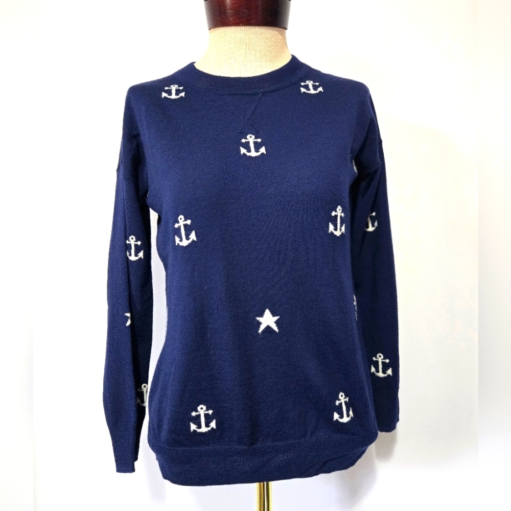 J. Crew 100% Merino Wool Nautical Navy Sweater with Anchor And Star Design. XXS